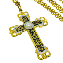 Load image into Gallery viewer, Vintage SPAIN damascene gold tone pearl black cross chain designer necklace
