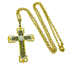 Load image into Gallery viewer, Vintage SPAIN damascene gold tone pearl black cross chain designer necklace
