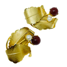 Load image into Gallery viewer, Vintage STAR signed gold tone faux pearl carnelian designer clip on earrings
