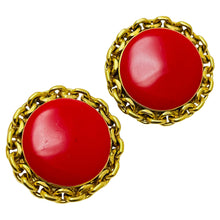 Load image into Gallery viewer, Vintage ST JOHN signed gold chain red enamel designer clip on earrings

