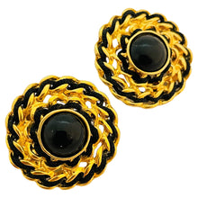 Load image into Gallery viewer, Vintage TRIFARI TM gold black chain designer runway clip on earrings
