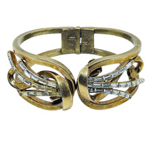 Load image into Gallery viewer, Vintage TRIFARI crown signed gold plated baguette rhinestones clamper bracelet
