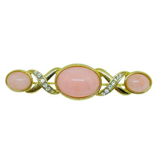 Load image into Gallery viewer, Vintage TRIFARI signed gold tone faux pink coral rhinestones designer brooch
