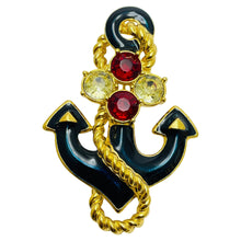 Load image into Gallery viewer, Vintage TRIFARI signed gold tone rhinestone enamel anchor designer brooch
