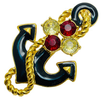 Load image into Gallery viewer, Vintage TRIFARI signed gold tone rhinestone enamel anchor designer brooch
