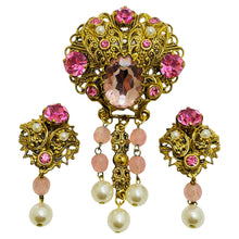 Load image into Gallery viewer, Vintage WESTERN GERMANY signed gold pearls rhinestones designer brooch earrings
