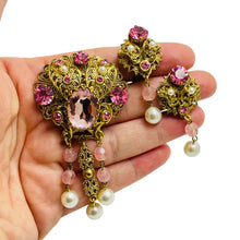 Load image into Gallery viewer, Vintage WESTERN GERMANY signed gold pearls rhinestones designer brooch earrings
