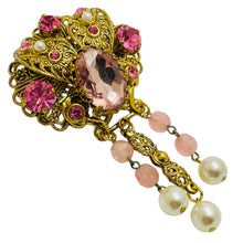Load image into Gallery viewer, Vintage WESTERN GERMANY signed gold pearls rhinestones designer brooch earrings
