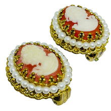 Load image into Gallery viewer, Vintage WESTERN GERMANY signed gold tone faux pearls cameo designer earrings
