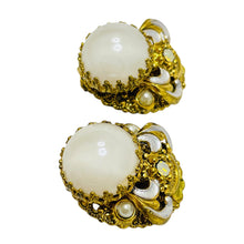 Load image into Gallery viewer, Vintage WESTERN GERMANY signed gold tone milk glass designer clip on earrings
