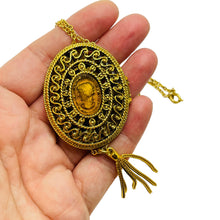 Load image into Gallery viewer, Vintage amber glass cameo gold designer chain tassel pendant locket necklace
