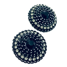 Load image into Gallery viewer, Vintage black enamel rhinestone round designer clip on earrings
