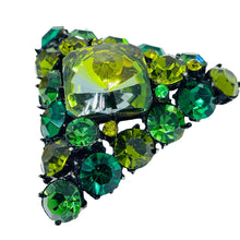 Load image into Gallery viewer, Vintage black metal emerald citrine green rivoli glass massive designer brooch
