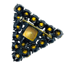 Load image into Gallery viewer, Vintage black metal emerald citrine green rivoli glass massive designer brooch
