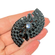 Load image into Gallery viewer, Vintage black metal navette rhinestones designer brooch
