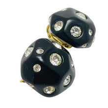 Load image into Gallery viewer, Vintage black resin gold tone rhinestone designer clip on earrings
