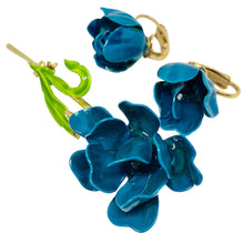 Load image into Gallery viewer, Vintage blue green enamel flower designer brooch earrings set
