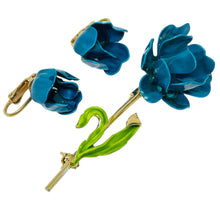 Load image into Gallery viewer, Vintage blue green enamel flower designer brooch earrings set

