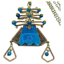 Load image into Gallery viewer, Vintage copper brass blue glass aztec pendant massive designer chain necklace
