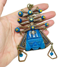 Load image into Gallery viewer, Vintage copper brass blue glass aztec pendant massive designer chain necklace
