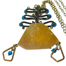 Load image into Gallery viewer, Vintage copper brass blue glass aztec pendant massive designer chain necklace
