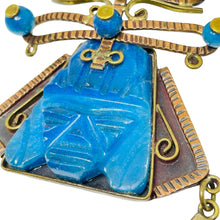 Load image into Gallery viewer, Vintage copper brass blue glass aztec pendant massive designer chain necklace
