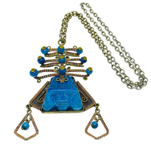 Load image into Gallery viewer, Vintage copper brass blue glass aztec pendant massive designer chain necklace
