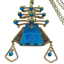 Load image into Gallery viewer, Vintage copper brass blue glass aztec pendant massive designer chain necklace
