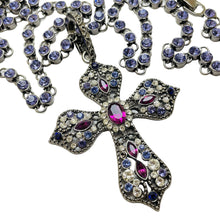 Load image into Gallery viewer, Vintage cross pendant silver purple pink rhinestone long designer necklace
