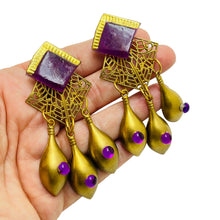 Load image into Gallery viewer, Vintage dark gold purple lucite designer clip on earrings
