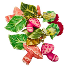 Load image into Gallery viewer, Vintage early plastic dangle charms flowers leafs mushroom clip on earrings
