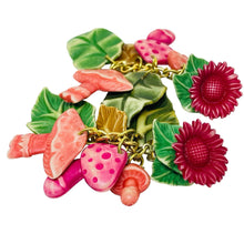 Load image into Gallery viewer, Vintage early plastic dangle charms flowers leafs mushroom clip on earrings
