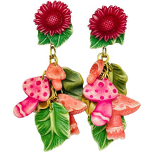 Load image into Gallery viewer, Vintage early plastic dangle charms flowers leafs mushroom clip on earrings
