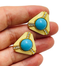 Load image into Gallery viewer, Vintage faux turquoise enamel rhinestone designer runway clip on earrings
