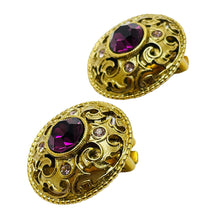 Load image into Gallery viewer, Vintage gold amethyst glass designer runway clip on earrings
