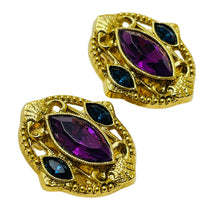 Load image into Gallery viewer, Vintage gold amethyst sapphire glass designer runway clip on earrings
