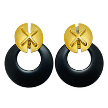 Load image into Gallery viewer, Vintage gold black door knocker clip on earrings
