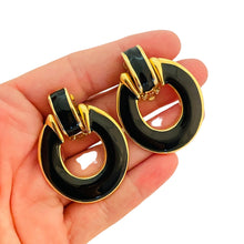 Load image into Gallery viewer, Vintage gold black enamel door knocker designer runway clip on earrings
