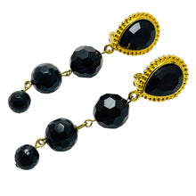 Load image into Gallery viewer, Vintage gold black glass dangle designer runway clip on earrings
