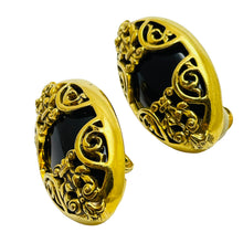Load image into Gallery viewer, Vintage gold black glass designer runway clip on earrings
