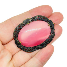Load image into Gallery viewer, Vintage gold black metal pink glass CZECH designer brooch
