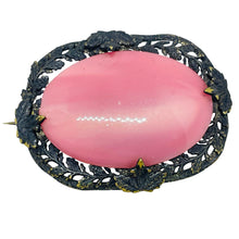 Load image into Gallery viewer, Vintage gold black metal pink glass CZECH designer brooch
