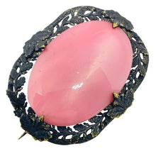 Load image into Gallery viewer, Vintage gold black metal pink glass CZECH designer brooch
