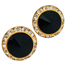 Load image into Gallery viewer, Vintage gold black rivioli glass clear rhinestones designer earrings
