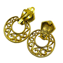 Load image into Gallery viewer, Vintage gold blue cab door knocker designer clip on earrings
