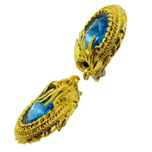Load image into Gallery viewer, Vintage gold blue rhinestone designer runway clip on earrings
