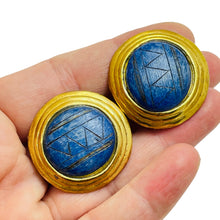 Load image into Gallery viewer, Vintage gold blue wood designer clip on earrings
