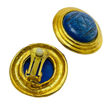 Load image into Gallery viewer, Vintage gold blue wood designer clip on earrings
