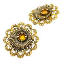 Load image into Gallery viewer, Vintage gold citrine rhinestone designer runway clip on earrings
