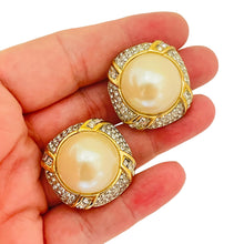 Load image into Gallery viewer, Vintage gold crystal pearl massive designer runway clip on earrings
